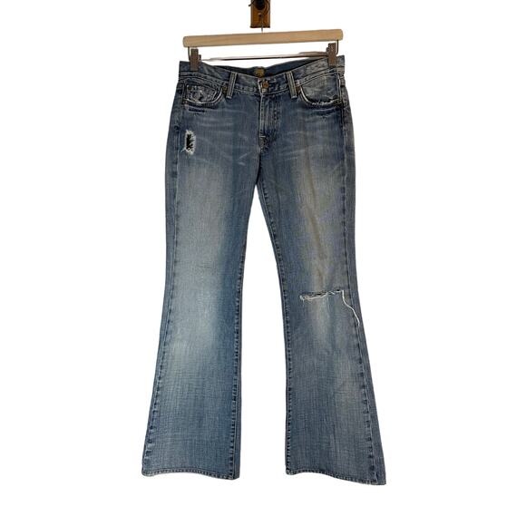 7 FOR ALL MANKIND Distressed Flare Jeans Womans size 28 X 29 Low Rise Vintage - Picture 1 of 15